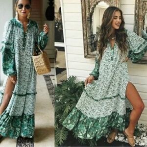 Spell & The Gypsy Winona Boho Maxi Gown Dress in Ivy Green Size Small